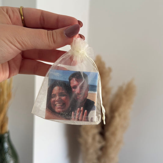 Acessório para ímanes personalizados. saquinho de organza com fotografia, ideal para prenda