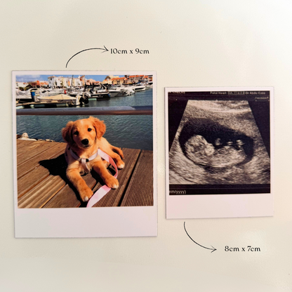 ímanes polaroid personalizados de vários tamanhos com fotografia de animal de estimação e ecografia de bebé.