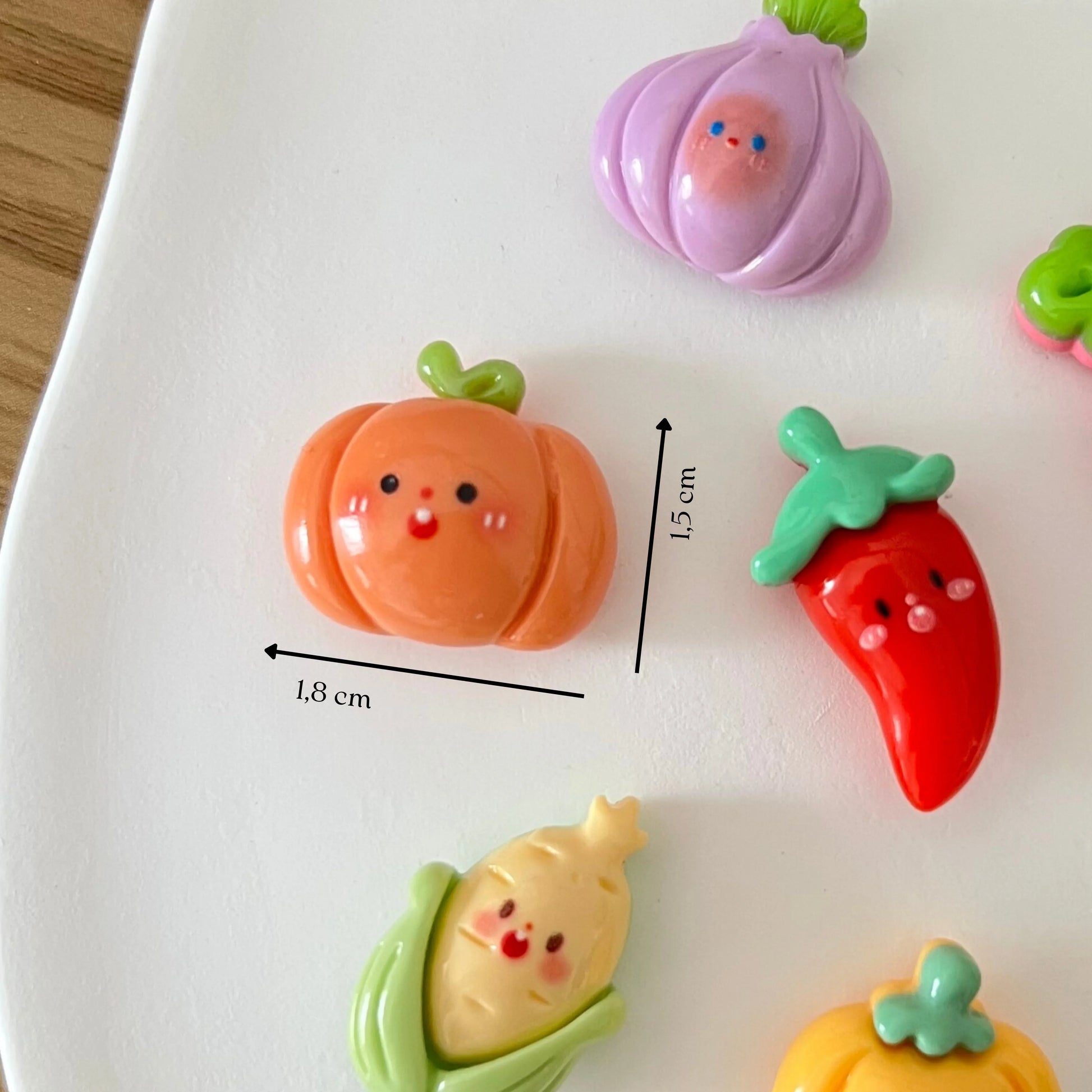 Mini ímanes vegetais com indicação de tamanho e medidas