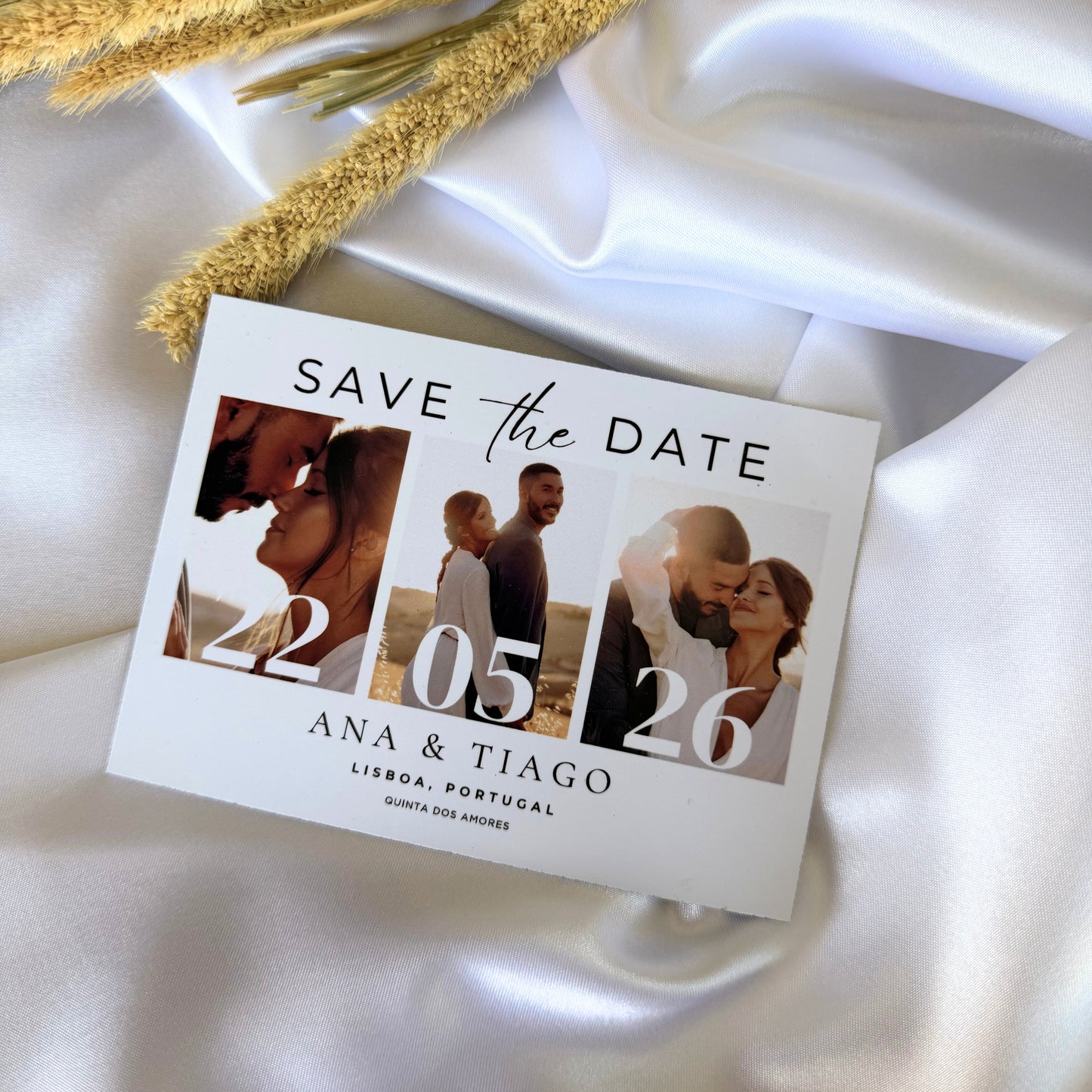 Íman Save the Date com data do casamento em destaque e fotografia do casal