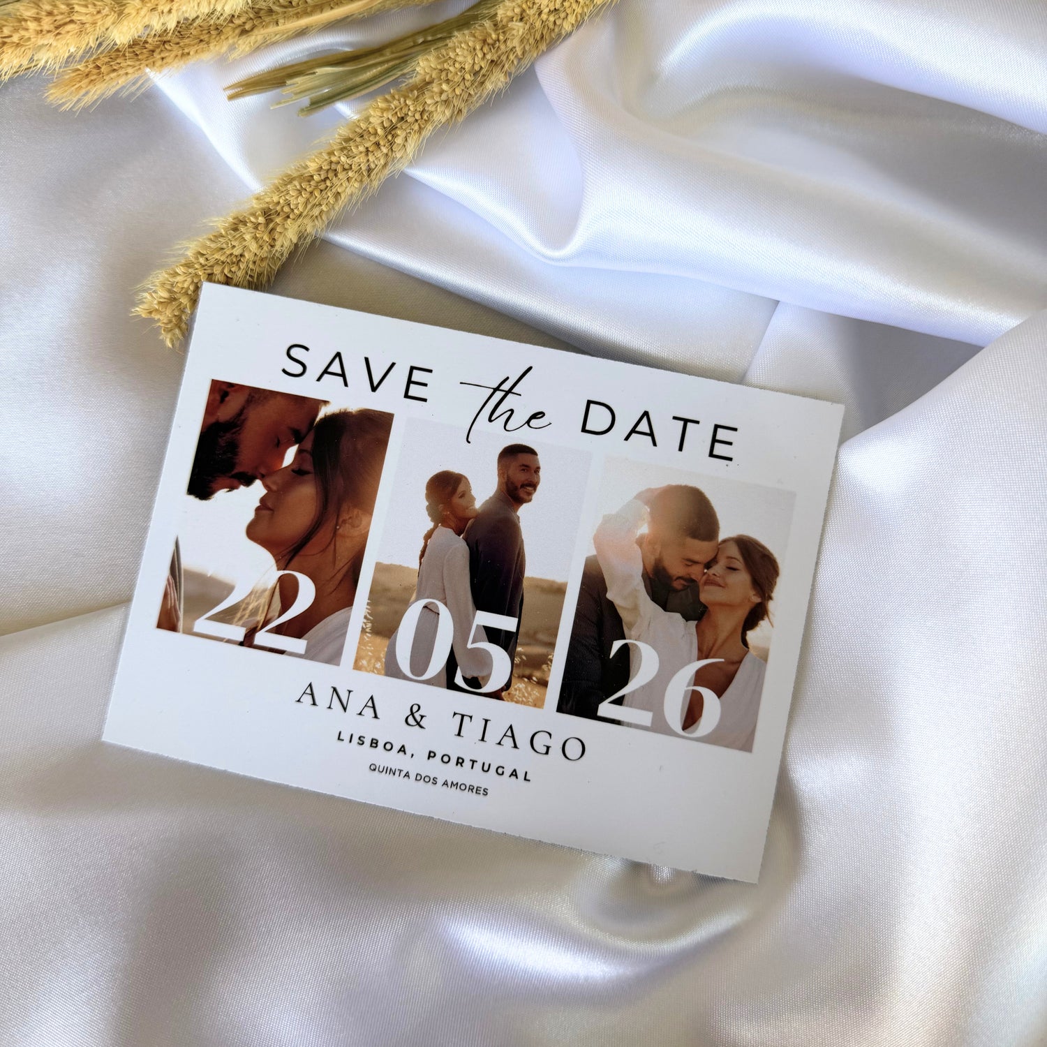 Íman Save the Date com data do casamento em destaque e fotografia do casal