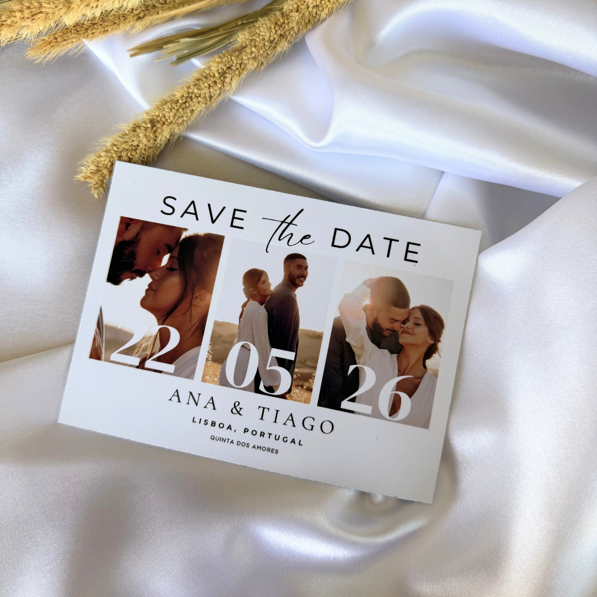 Íman Save the Date com data do casamento em destaque e fotografia do casal