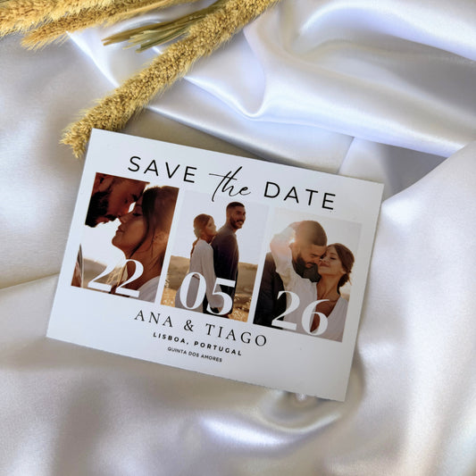 Íman Save the Date com data do casamento em destaque e fotografia do casal