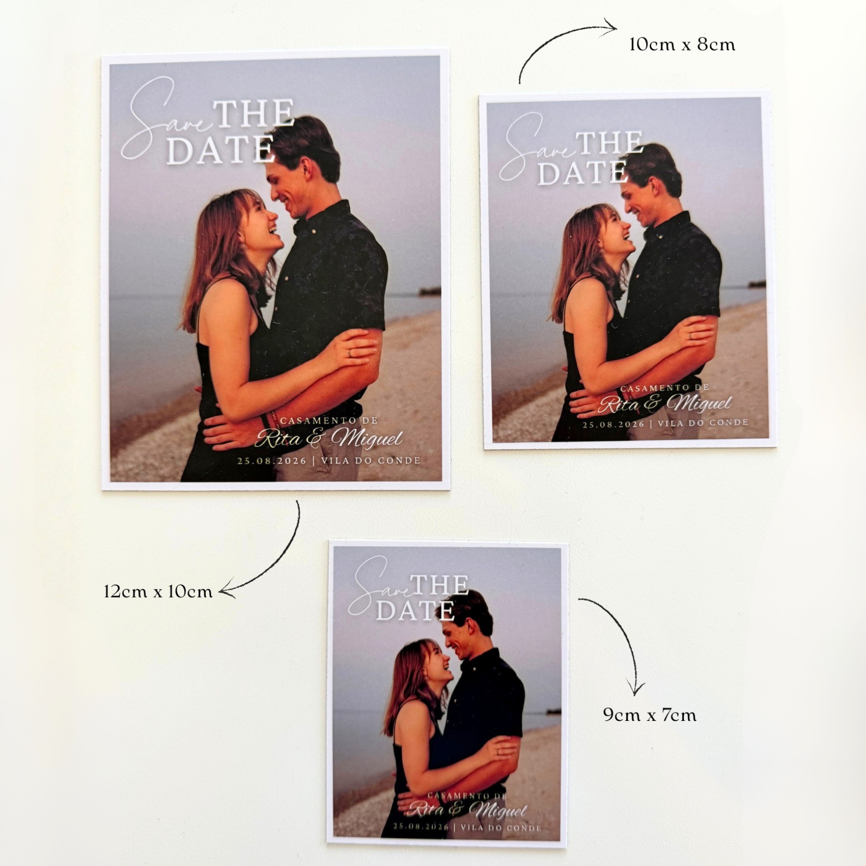 Comparação de tamanhos do íman Save the Date Moldura para casamento