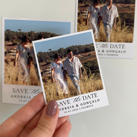 íman save the date polaroid personalizado com fotografia de casal e data do casamento